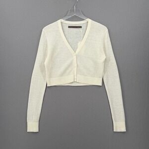 ENZA COSTA Linen Cropped V-neck Cardigan Women Small Cream Open Knit Long Sleeve